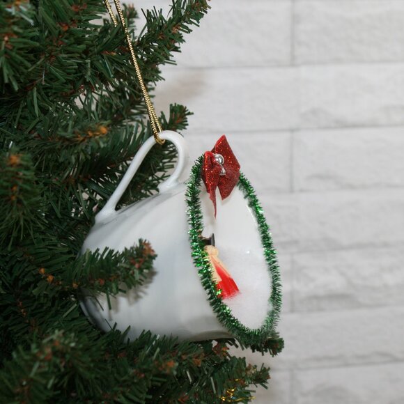 HAND CRAFTED Christmas Ornament Upcyled Teacup Coraler Winter Scene Red - Picture 2 of 9